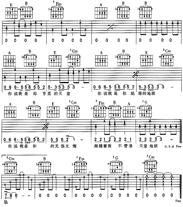 最后的夜吉他谱,原版歌曲,简单E调弹唱教学,六线谱指弹简谱2张图