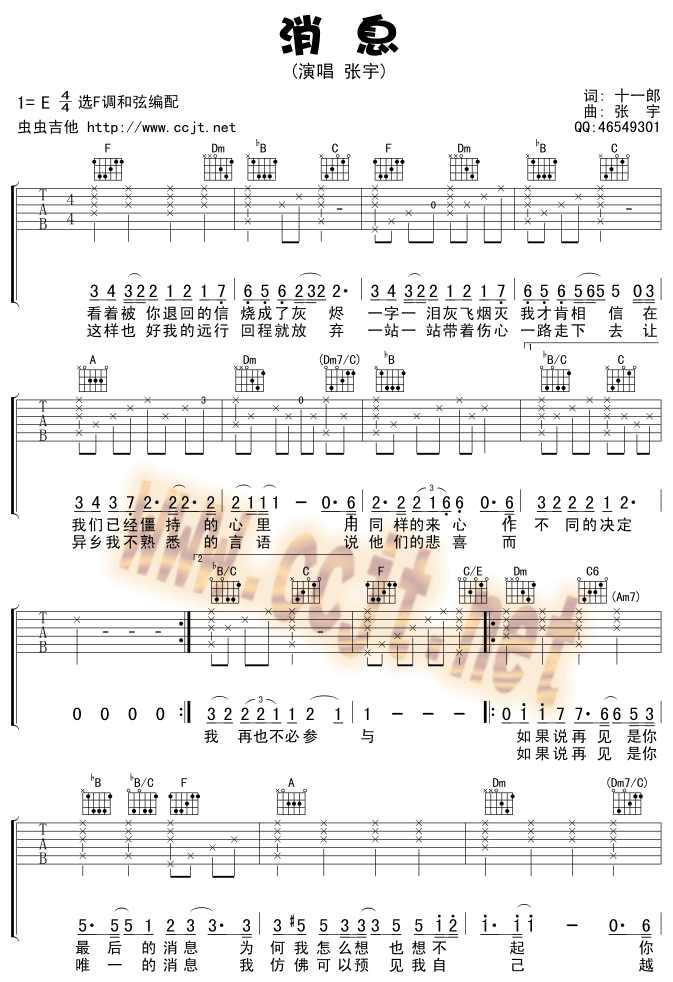 消息吉他谱,原版歌曲,简单E调弹唱教学,六线谱指弹简谱2张图