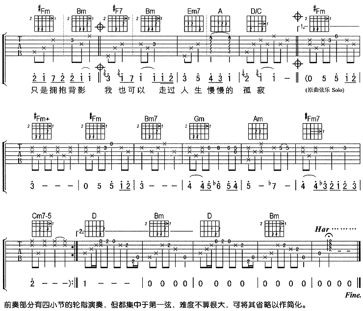 孤寂吉他谱,原版歌曲,简单D调弹唱教学,六线谱指弹简谱3张图