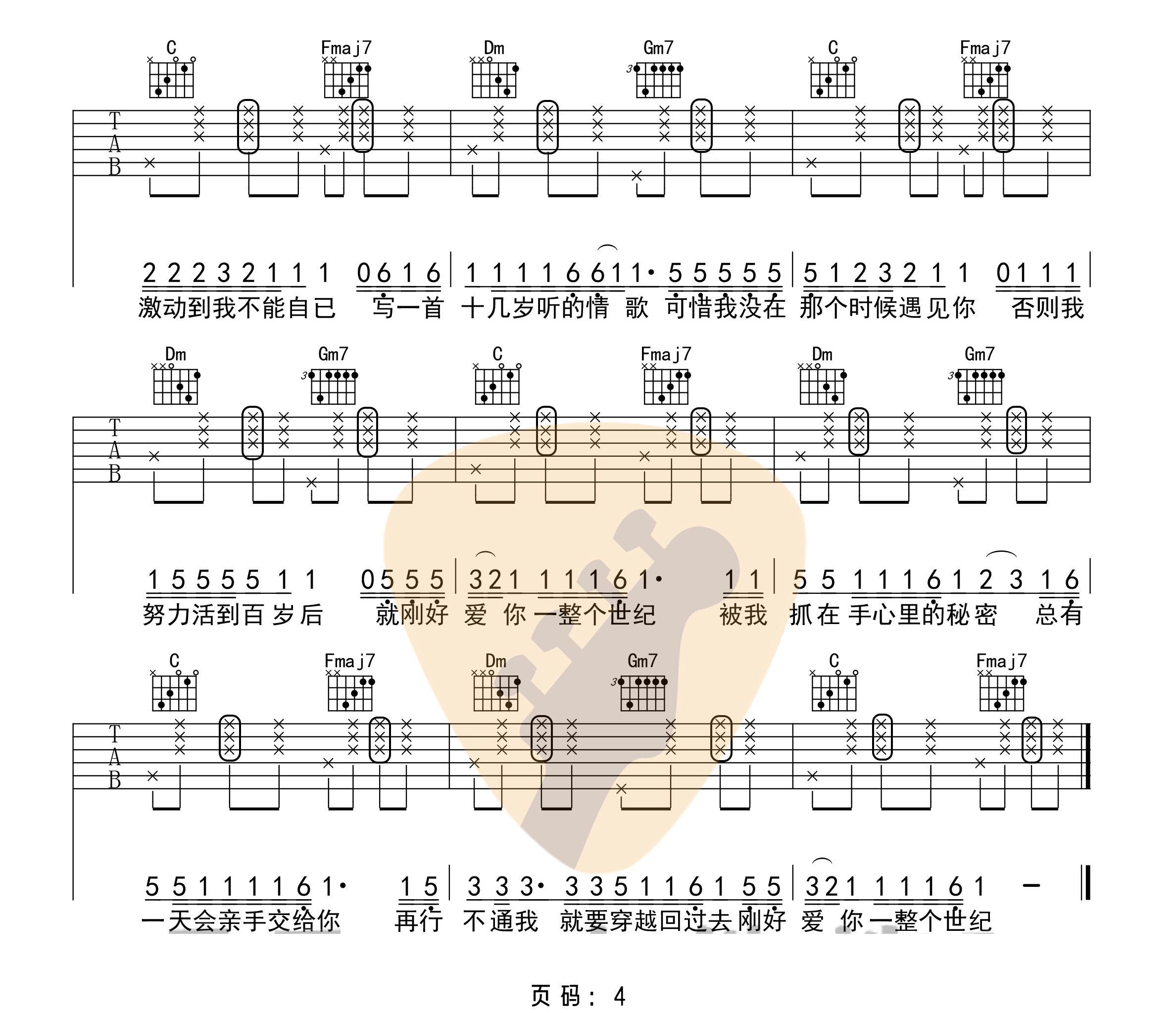 零几年听的情歌吉他谱,原版AY杨佬叁歌曲,简单F调指弹曲谱,高清六线乐谱