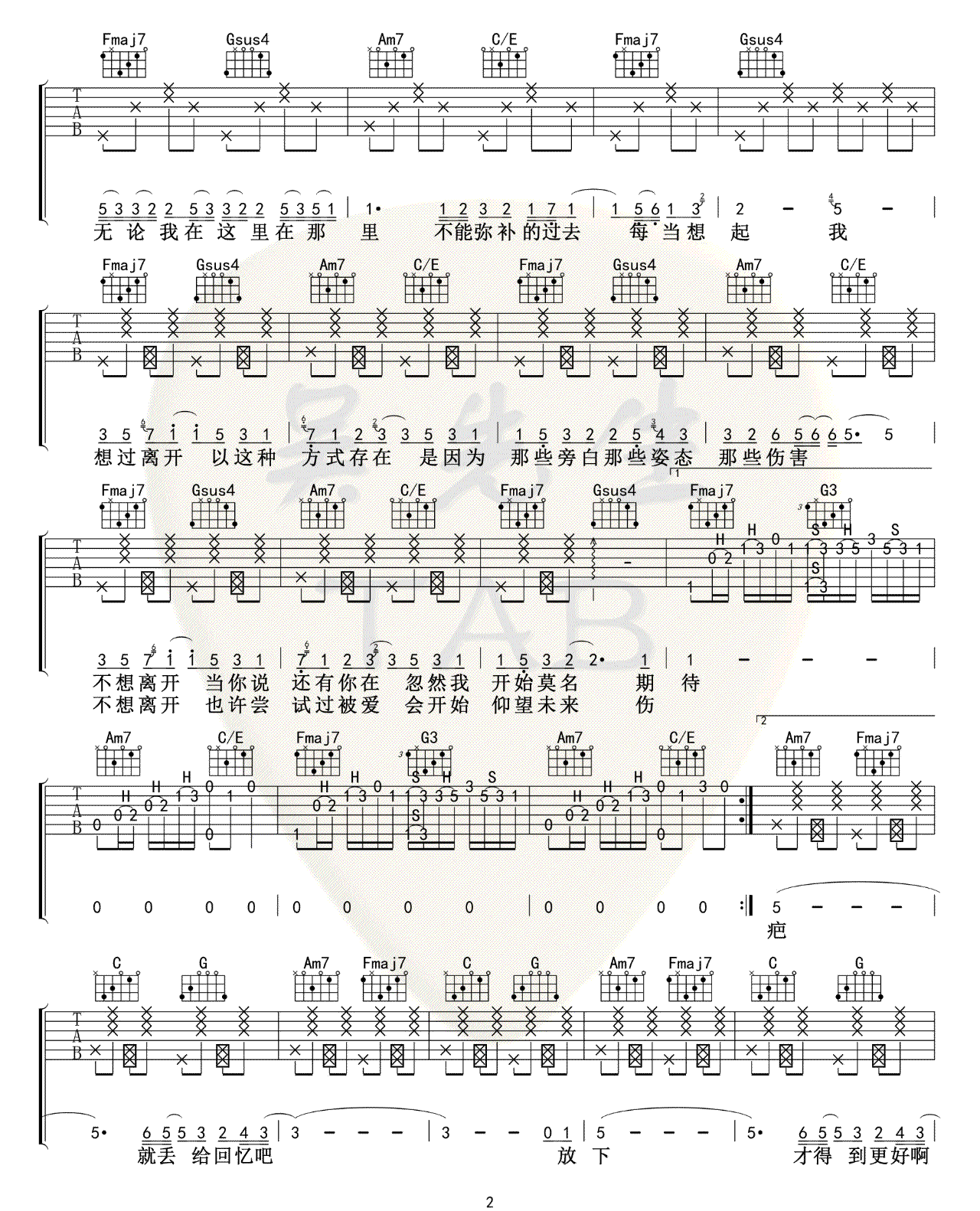 好想爱这个世界啊吉他谱,原版华晨宇歌曲,简单C调指弹曲谱,高清六线乐谱