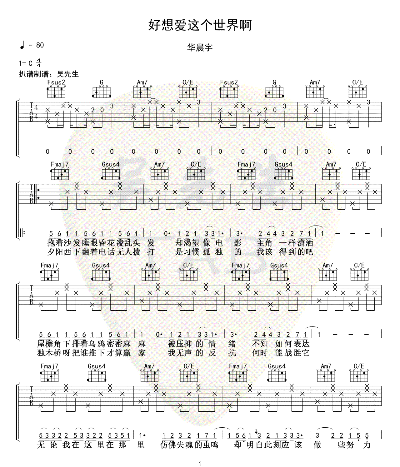 好想爱这个世界啊吉他谱,原版华晨宇歌曲,简单C调指弹曲谱,高清六线乐谱