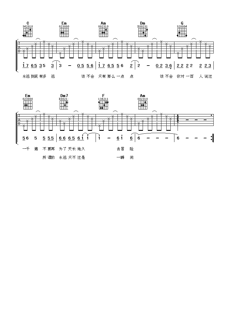 永远到底有多远吉他谱,陈妃平歌曲,C调指弹简谱,新手弹唱