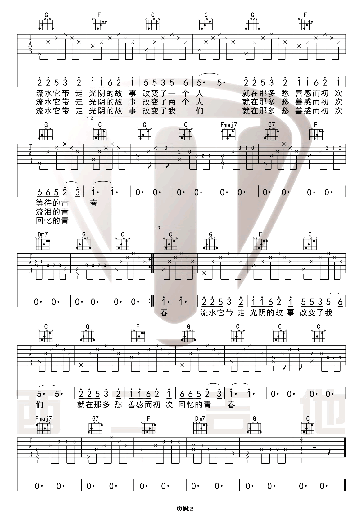 光阴的故事吉他谱,原版罗大佑歌曲,简单C调指弹曲谱,高清六线乐谱教学