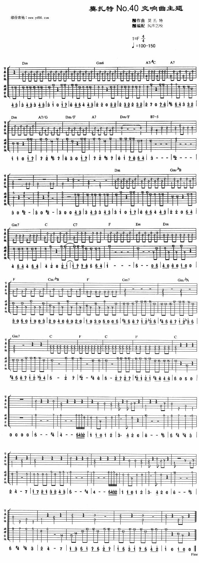 No.40交响曲主题吉他谱,原版歌曲,简单F调弹唱教学,六线谱指弹简谱1张图
