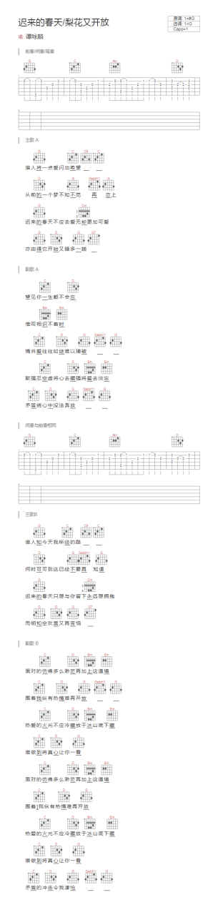 迟来的春天吉他谱,TXT吉他谱歌曲,G调指弹简谱,新手弹唱