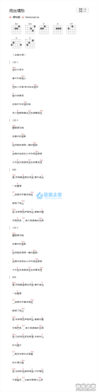 雨丝情愁吉他谱,谭咏麟歌曲,C调指弹简谱,新手弹唱和弦谱