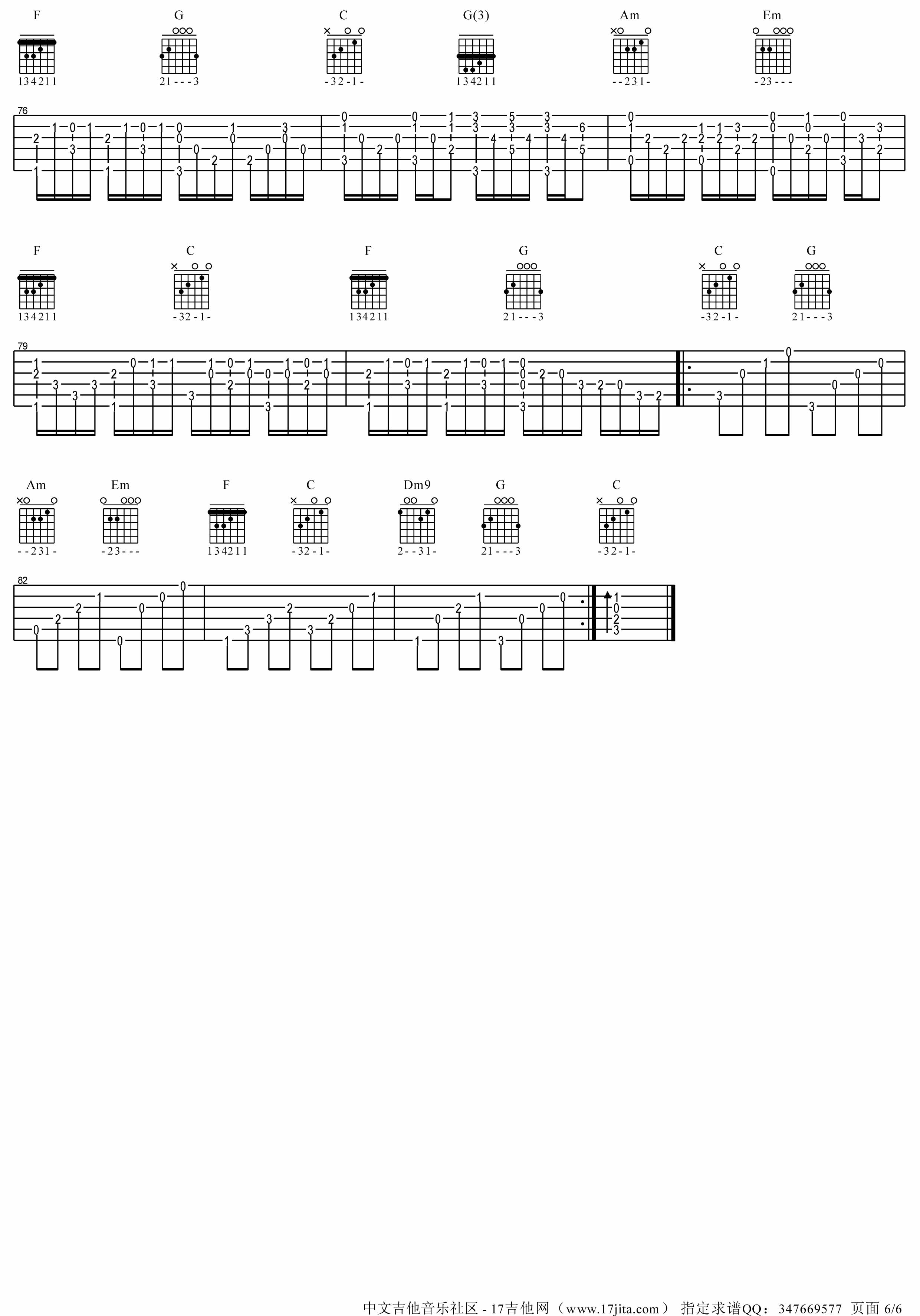 C调卡农吉他谱,原版歌曲,简单C调弹唱教学,六线谱指弹简谱6张图