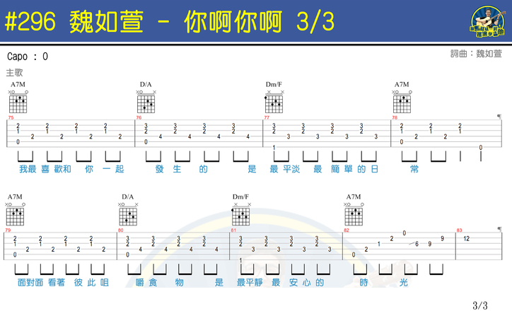 你啊你啊吉他谱,原版魏如萱歌曲,简单C调指弹曲谱,高清六线乐谱教学