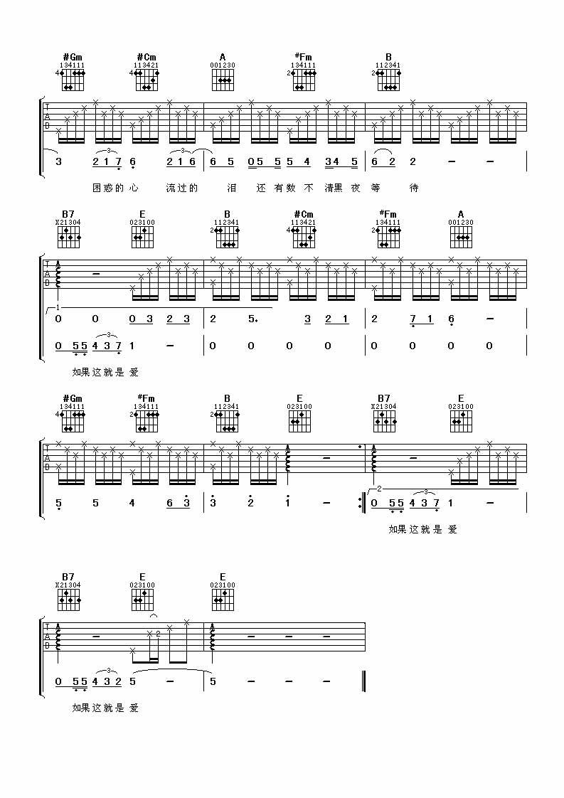 如果爱吉他谱,原版歌曲,简单E调弹唱教学,六线谱指弹简谱3张图