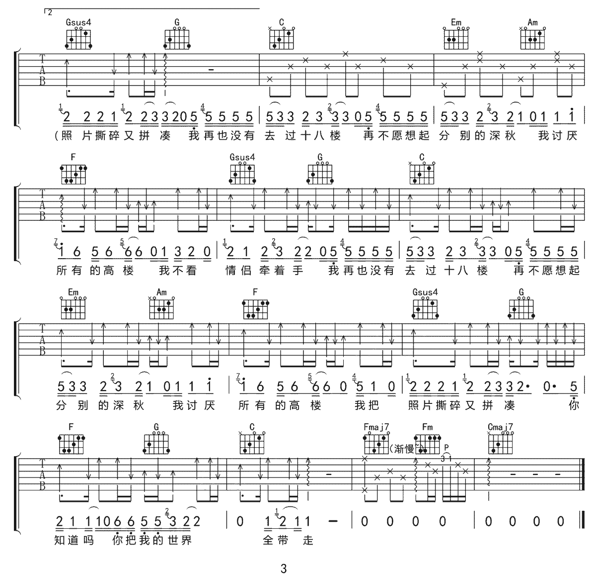 十八楼吉他谱,原版陈硕子歌曲,简单C调指弹曲谱,高清六线乐谱