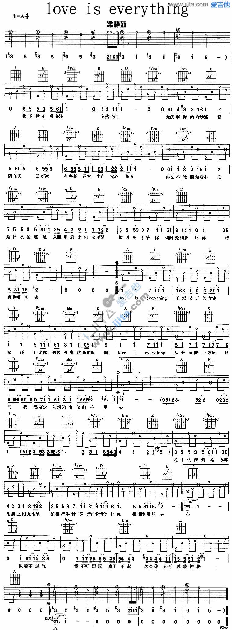 Loveiseverything吉他谱,原版歌曲,简单A调弹唱教学,六线谱指弹简谱1张图