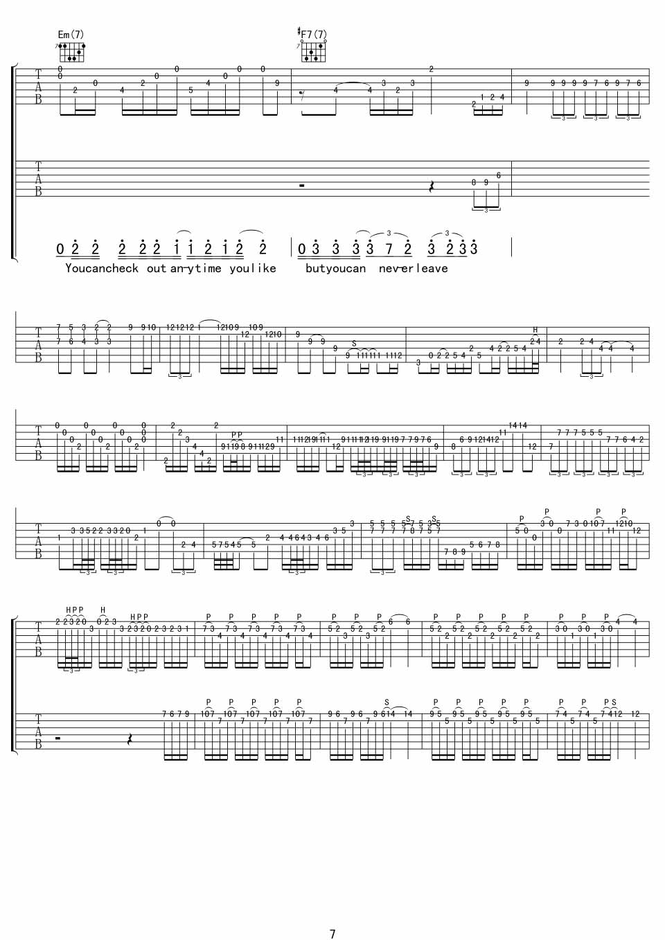 EaglesHotelCalifornia吉他谱,原版歌曲,简单D调弹唱教学,六线谱指弹简谱8张图