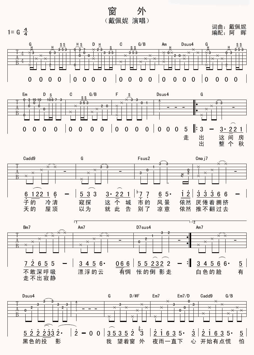 窗外吉他谱,原版歌曲,简单G调弹唱教学,六线谱指弹简谱2张图