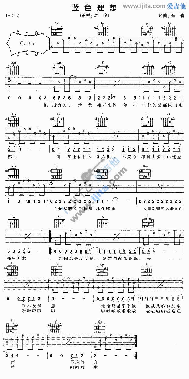 蓝色理想吉他谱,原版歌曲,简单C调弹唱教学,六线谱指弹简谱1张图