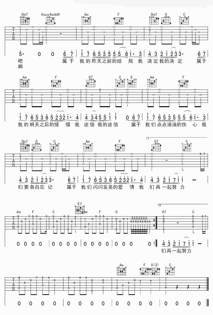 属于吉他谱,原版歌曲,简单C调弹唱教学,六线谱指弹简谱2张图