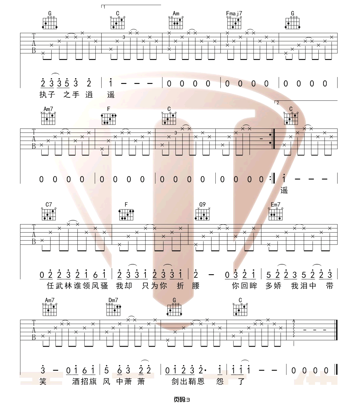 红尘客栈吉他谱,原版周杰伦歌曲,简单C调指弹曲谱,高清六线乐谱教学