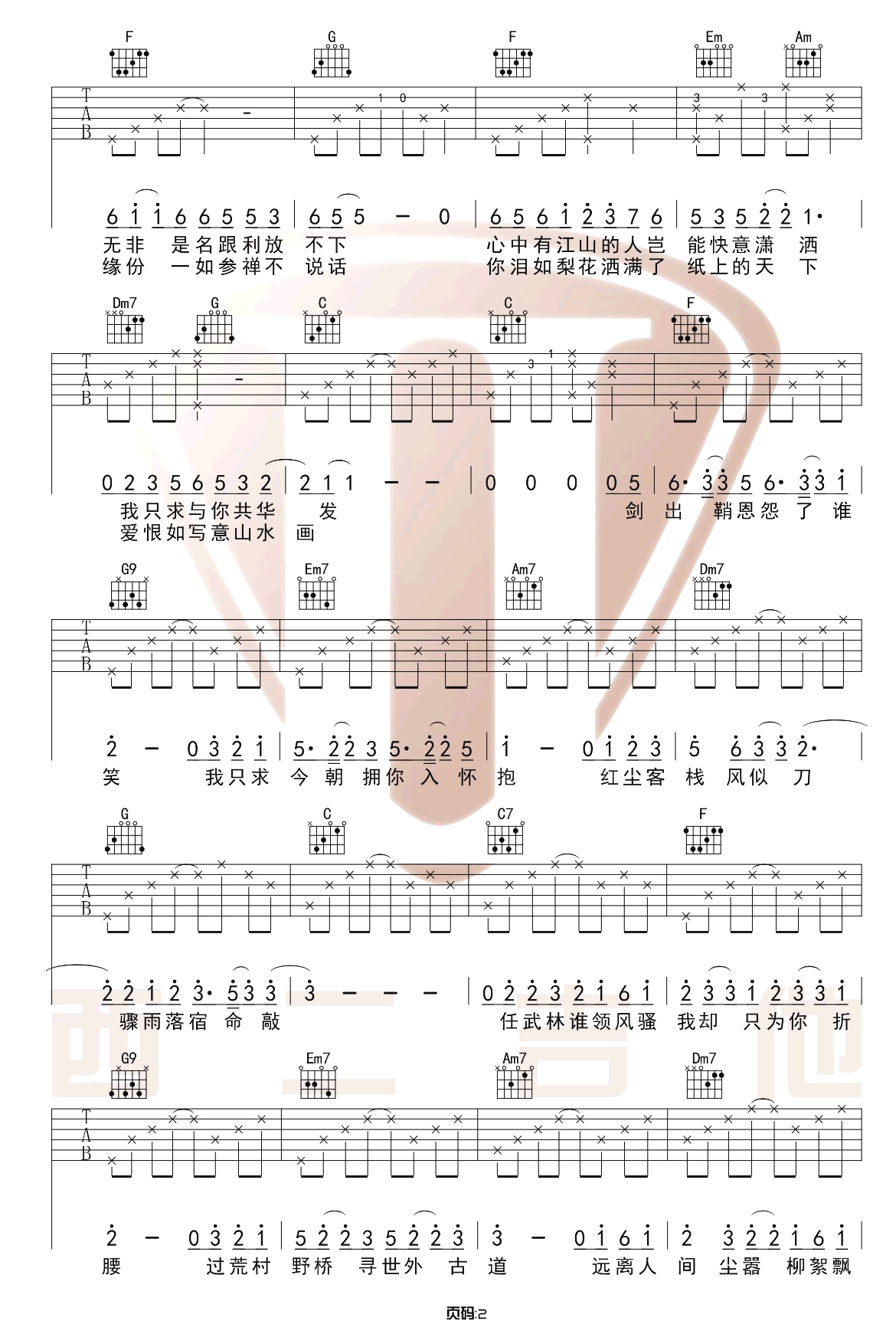 红尘客栈吉他谱,原版周杰伦歌曲,简单C调指弹曲谱,高清六线乐谱教学