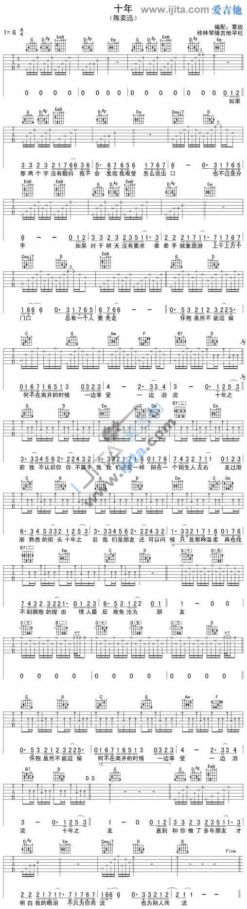 十年吉他谱,原版歌曲,简单G调弹唱教学,六线谱指弹简谱1张图