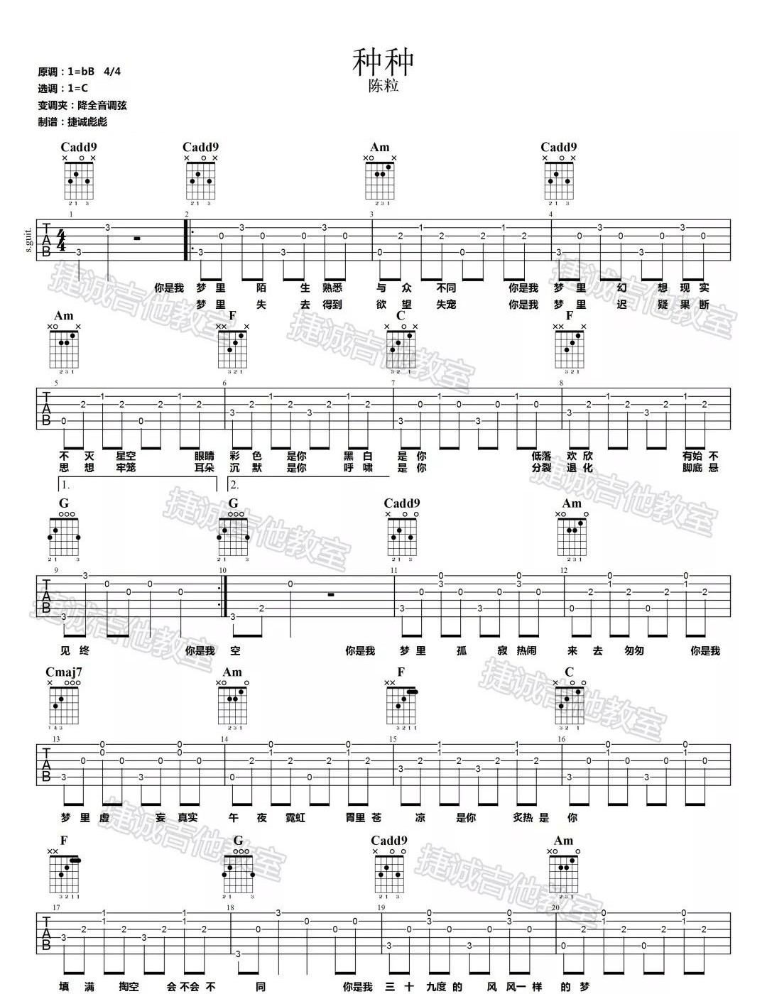 种种吉他谱,原版陈粒歌曲,简单C调指弹曲谱,高清六线乐谱