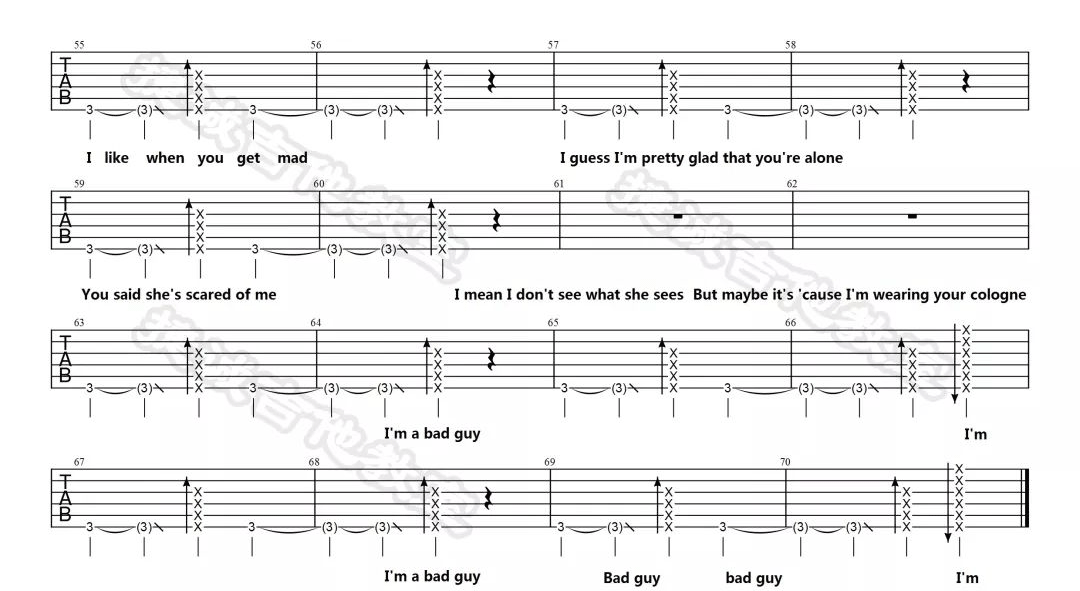 Bad Guy吉他谱,原版Billie Eilish歌曲,简单降B调指弹曲谱,高清六线乐谱
