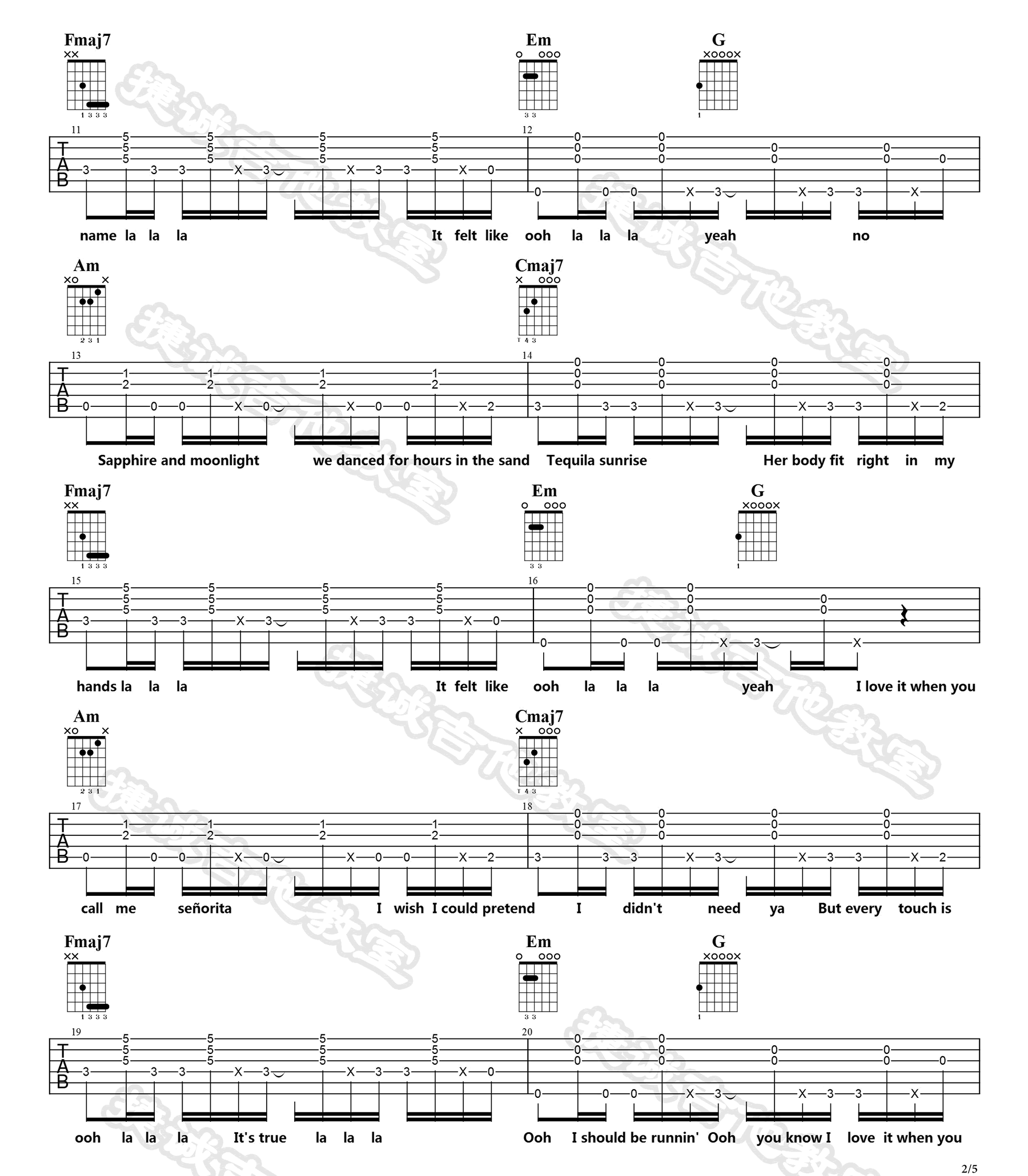 Senorita吉他谱,原版Shawn Mendes歌曲,简单C调指弹曲谱,高清六线乐谱