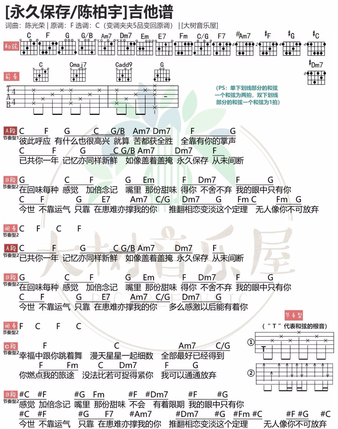 永久保存吉他谱,原版陈柏宇歌曲,简单C调指弹曲谱,高清六线乐谱教学