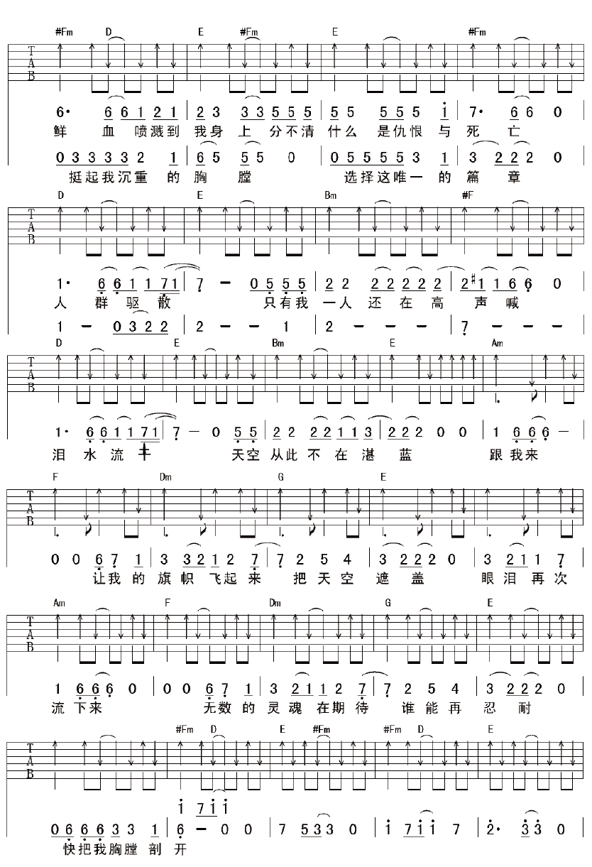 陈胜吴广吉他谱,超载乐队歌曲,A调指弹简谱,新手弹唱六线谱