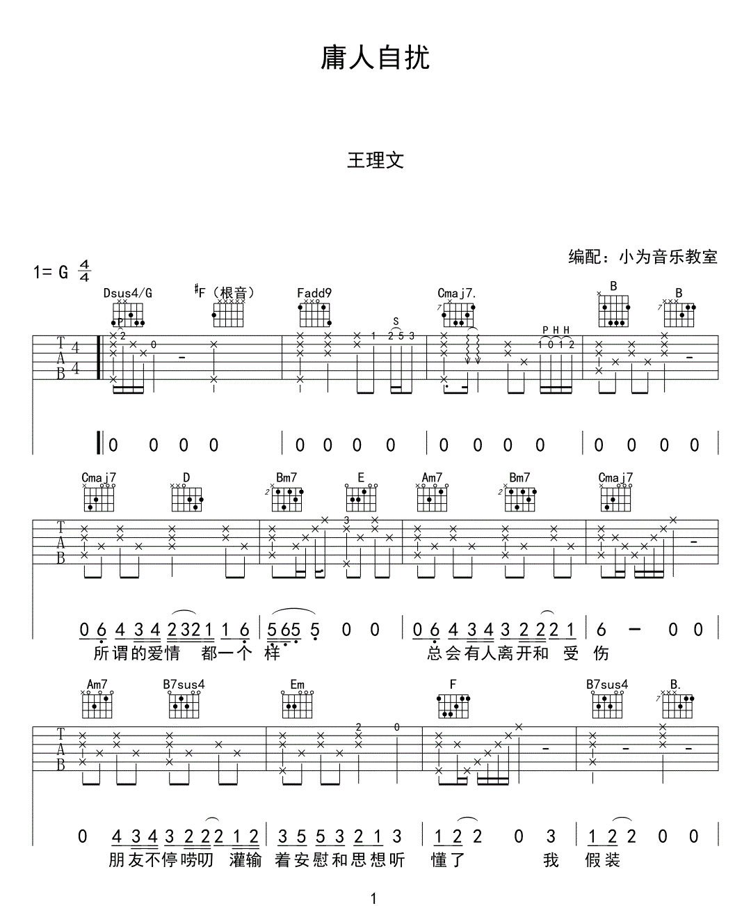 庸人自扰吉他谱,原版王理文歌曲,简单G调指弹曲谱,高清六线乐谱