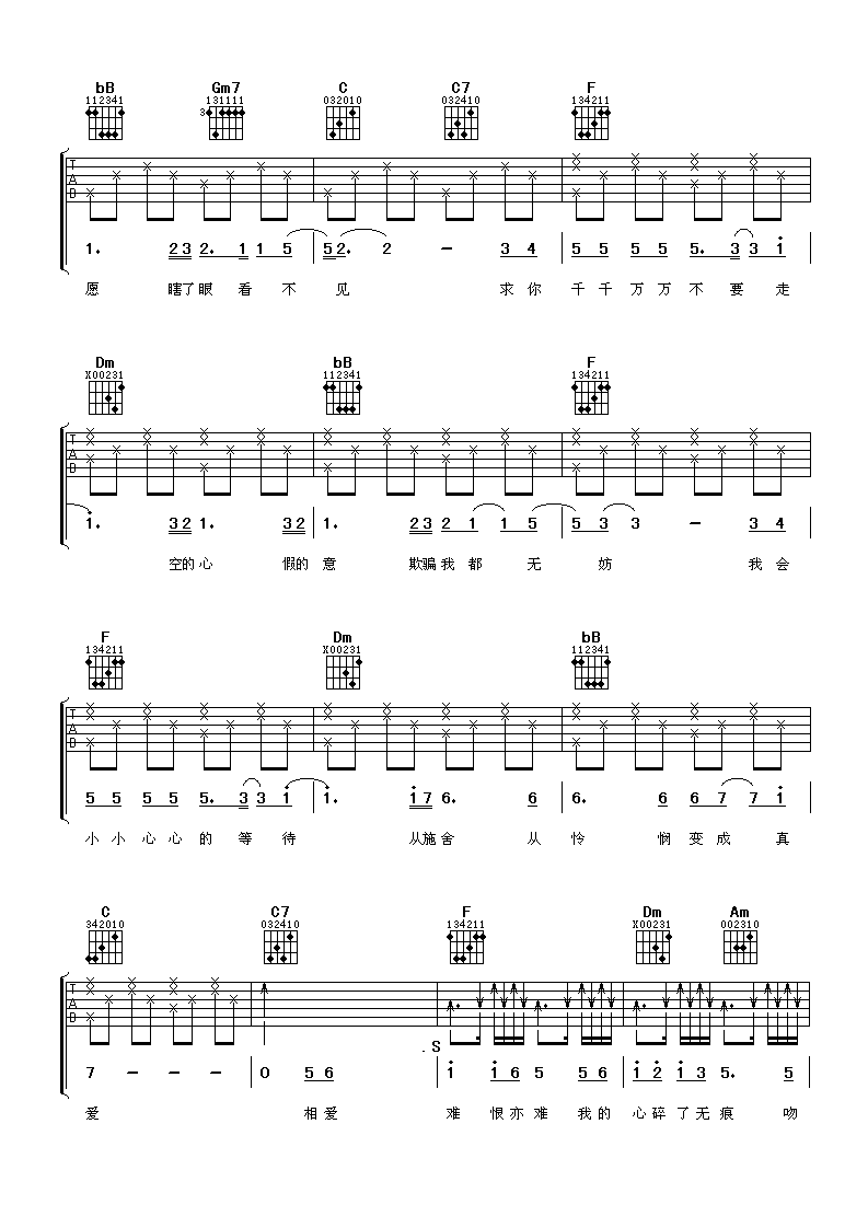 心碎了无痕吉他谱,张学友歌曲,F调指弹简谱,新手弹唱男生版