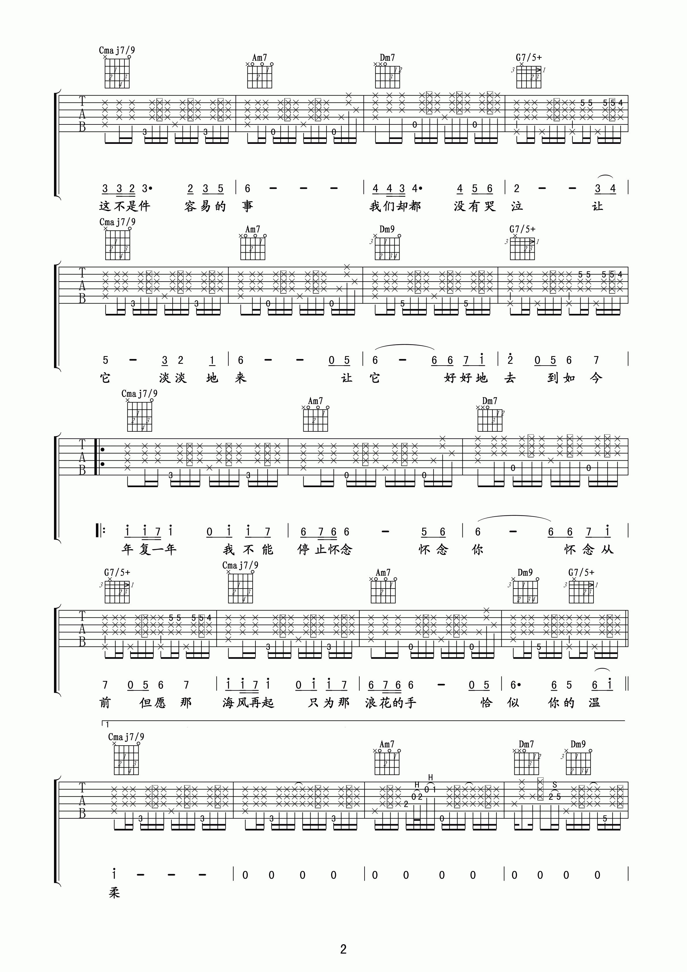 恰似你的温柔吉他谱,吉他必弹经典100首歌曲,简单指弹教学简谱,C调指法高清吉他弹唱谱 