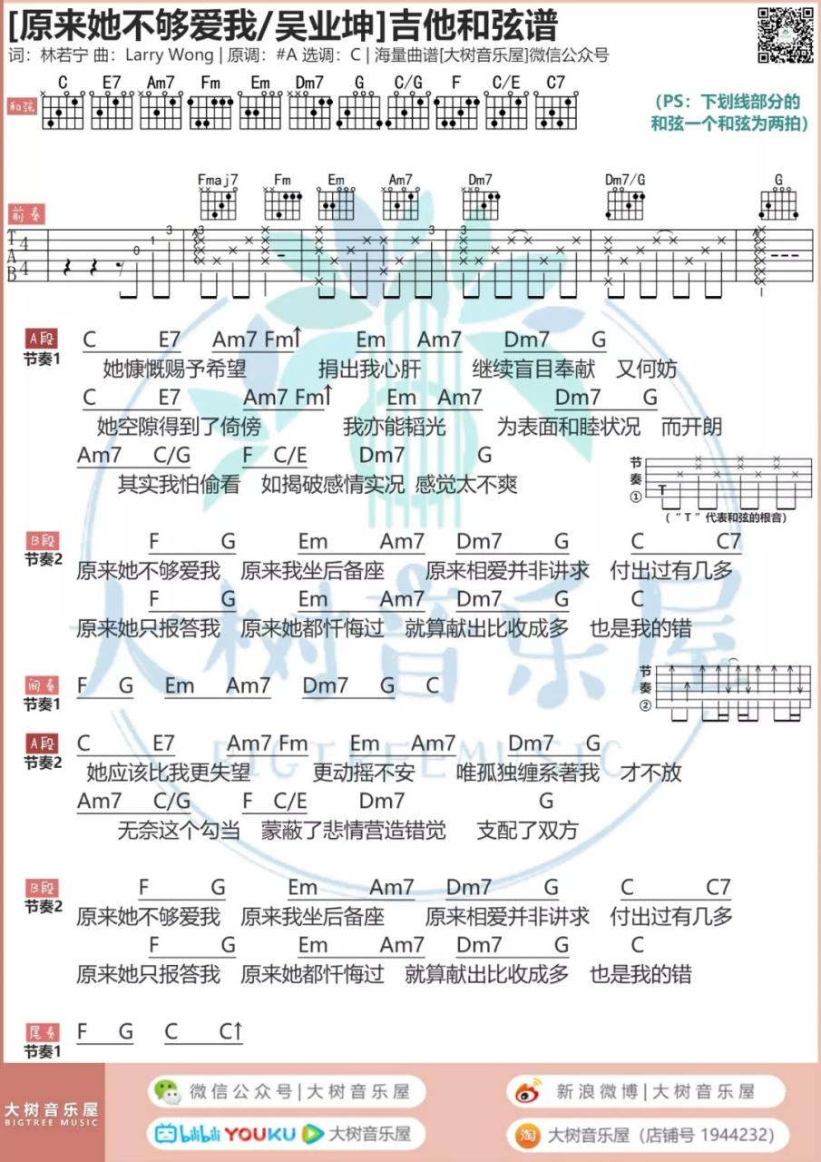 原来她不够爱我吉他谱,吴业坤歌曲,C调指弹简谱,新手弹唱