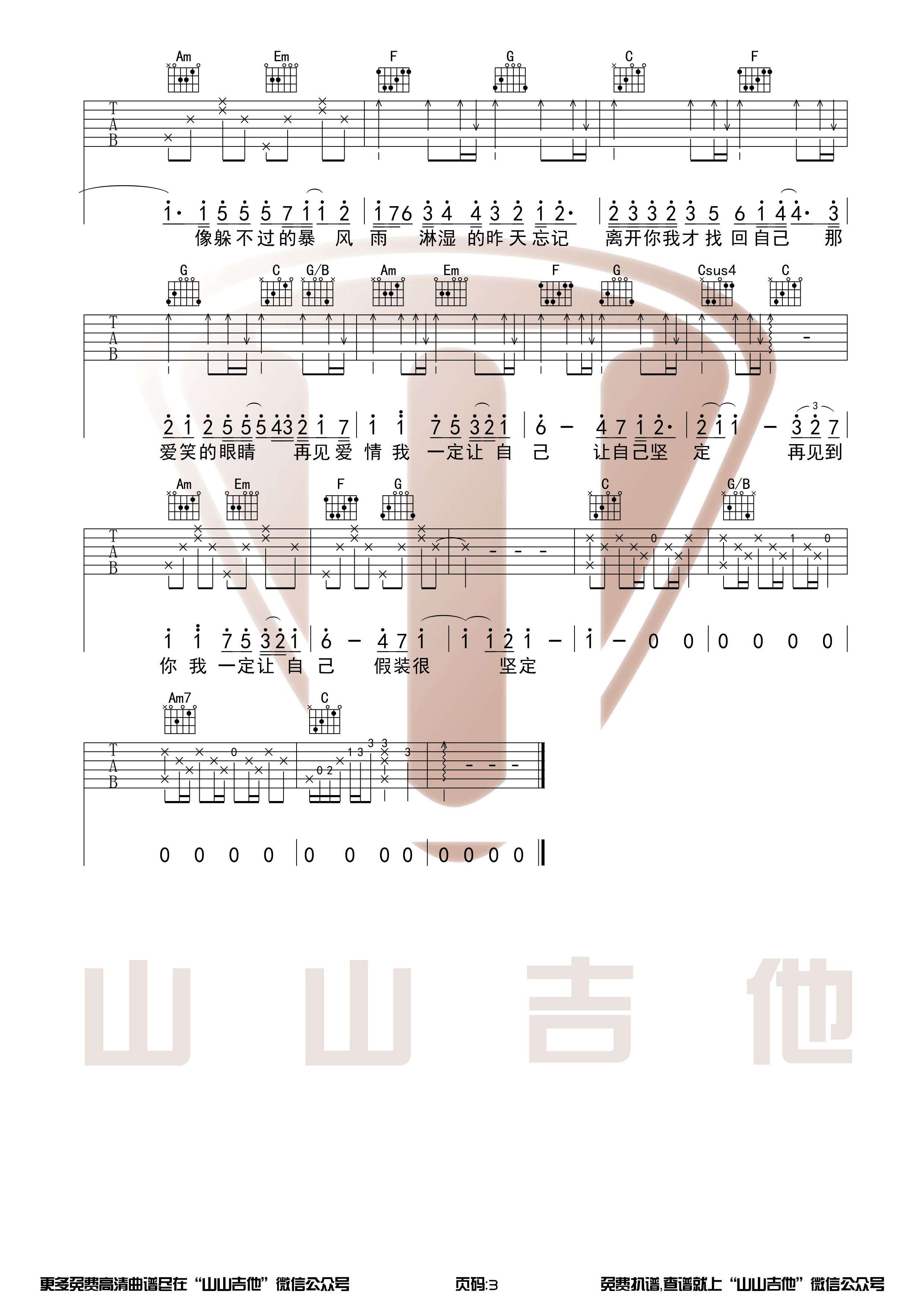 爱笑的眼睛吉他谱,林俊杰歌曲,简单指弹教学简谱,C调指法版吉他弹唱谱 