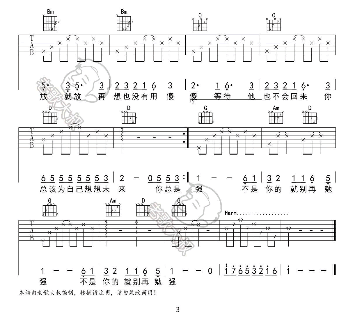 心太软吉他谱,原版任贤齐歌曲,简单G调指弹曲谱,高清六线乐谱教学