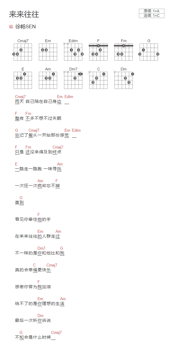 来来往往吉他谱,原版徐畅SEN歌曲,简单C调指弹曲谱,高清六线乐谱