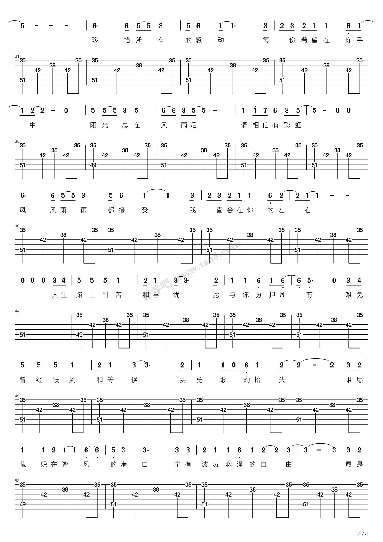 阳光总在风雨后吉他弹唱版吉他谱,原版歌曲,简单C调弹唱教学,六线谱指弹简谱17张图