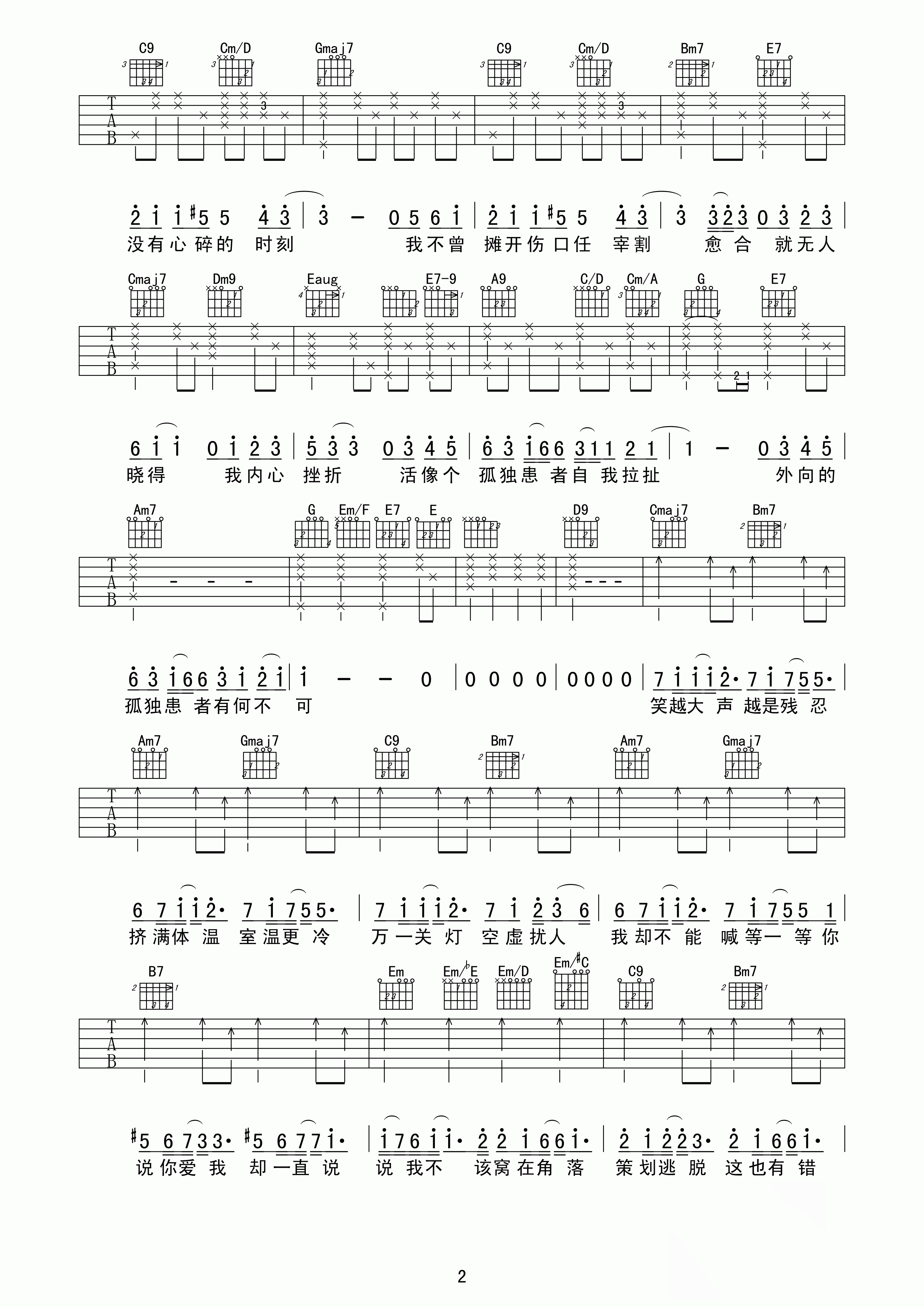 孤独患者吉他谱,陈奕迅歌曲,简单指弹教学简谱,G调版弹唱吉他谱 