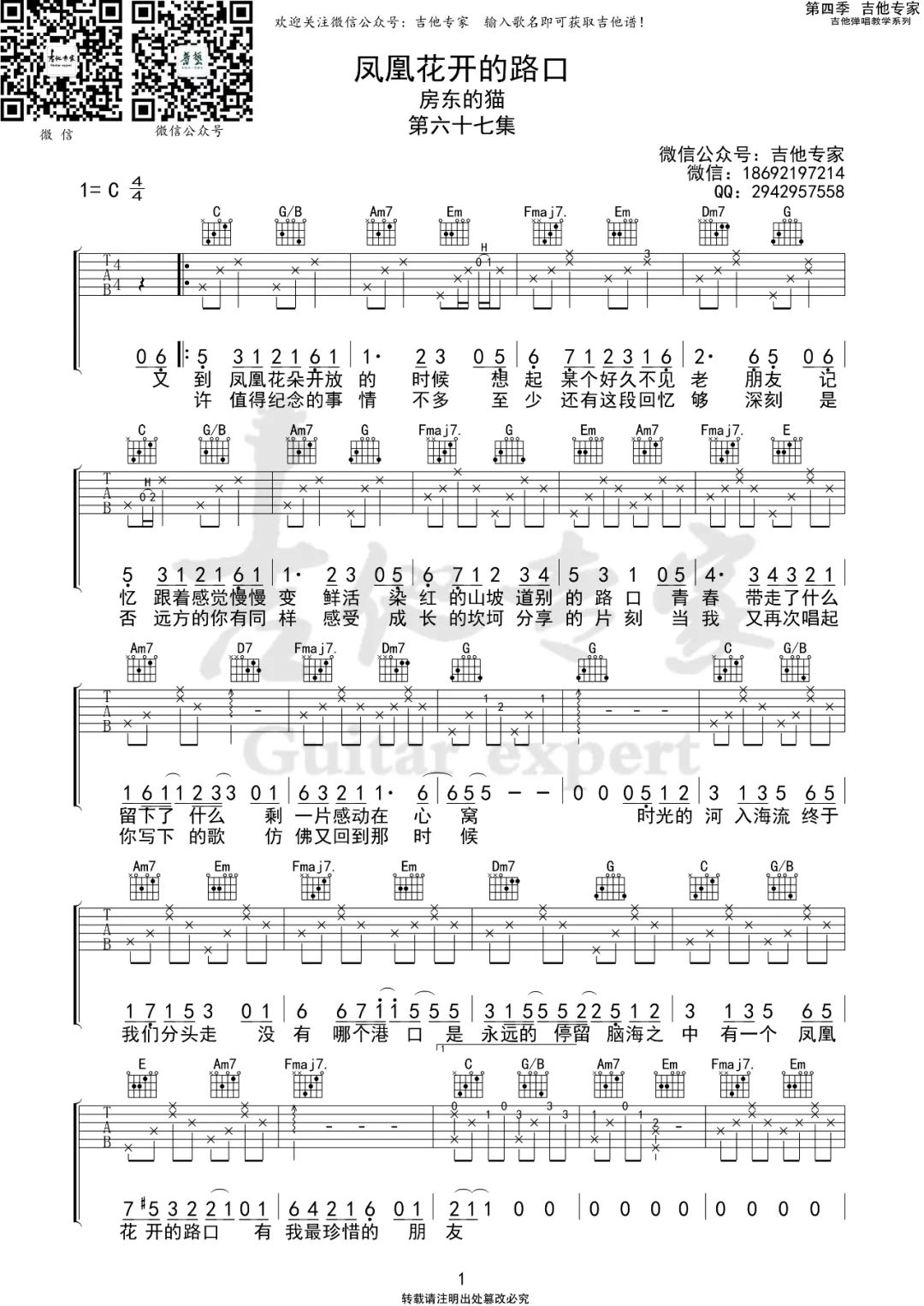 《凤凰花开的路口》吉他谱,房东的猫歌曲,简单指弹教学简谱,C调指法吉他谱 