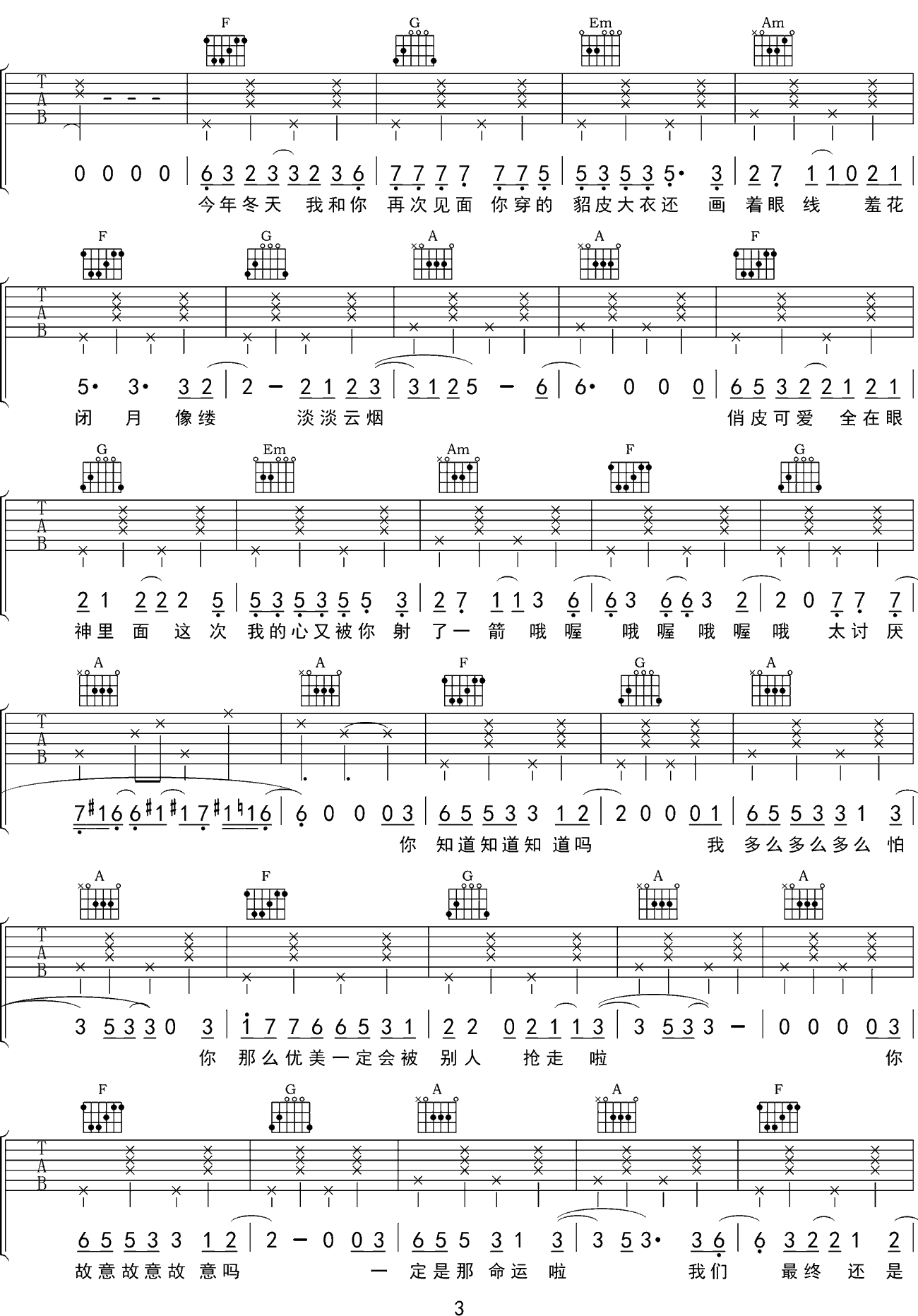 菲菲吉他谱,原版沈以诚歌曲,简单C调指弹曲谱,高清六线乐谱