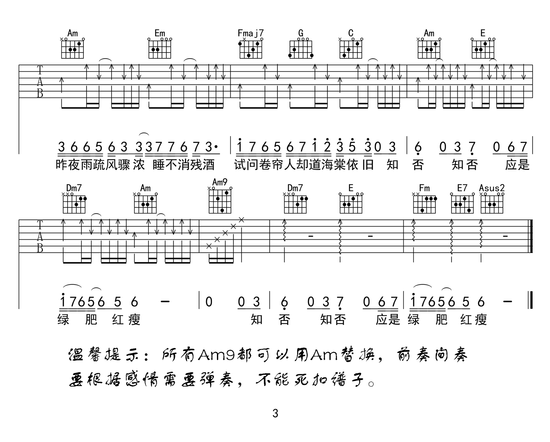 知否知否吉他谱,原版胡夏歌曲,简单C调指弹曲谱,高清六线乐谱