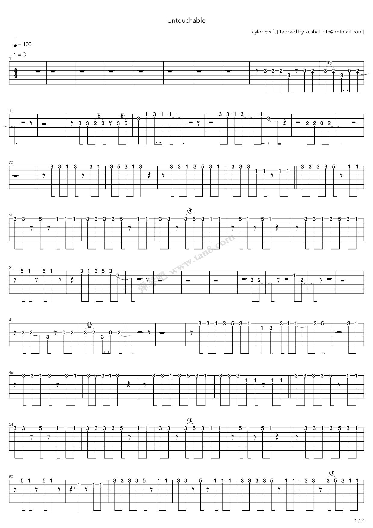 Untouchable吉他谱,原版歌曲,简单C调弹唱教学,六线谱指弹简谱17张图