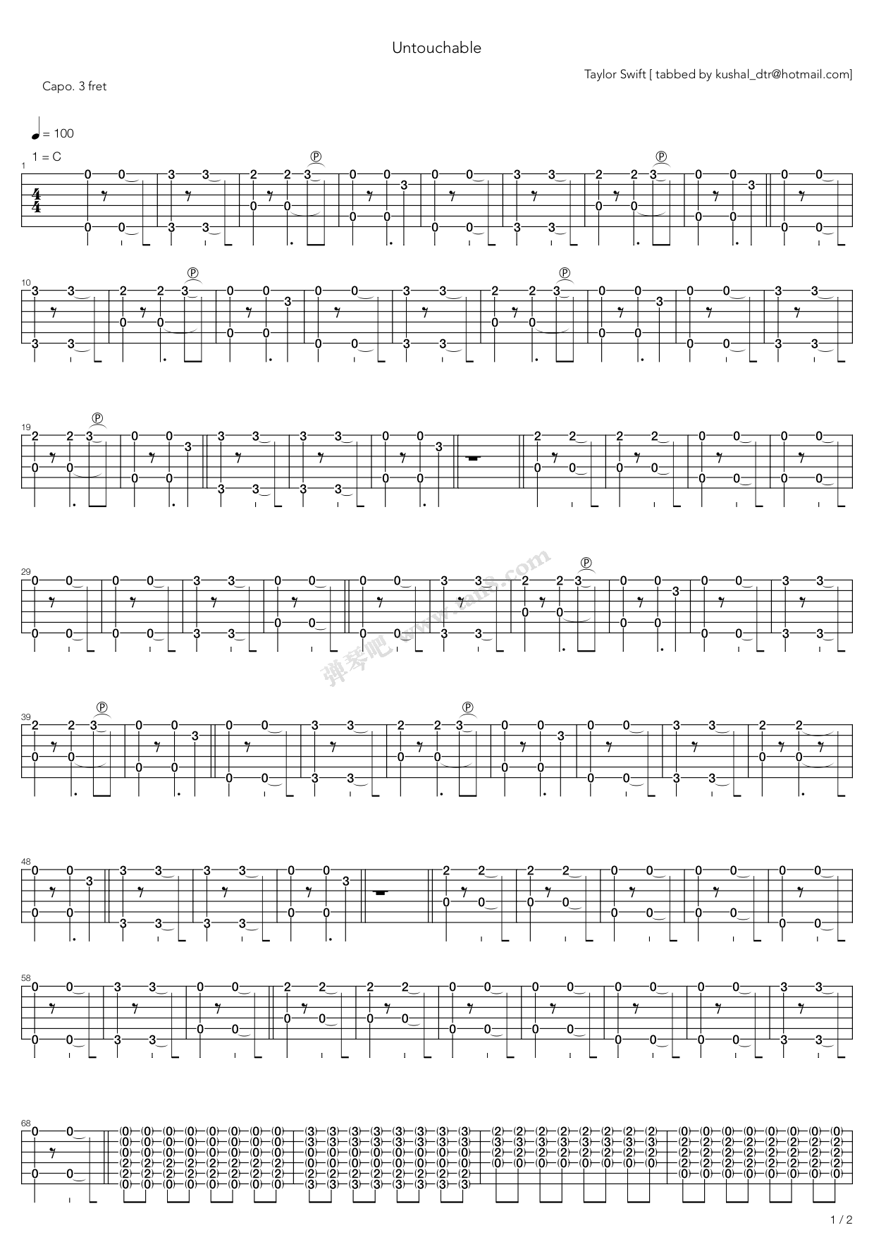 Untouchable吉他谱,原版歌曲,简单C调弹唱教学,六线谱指弹简谱17张图