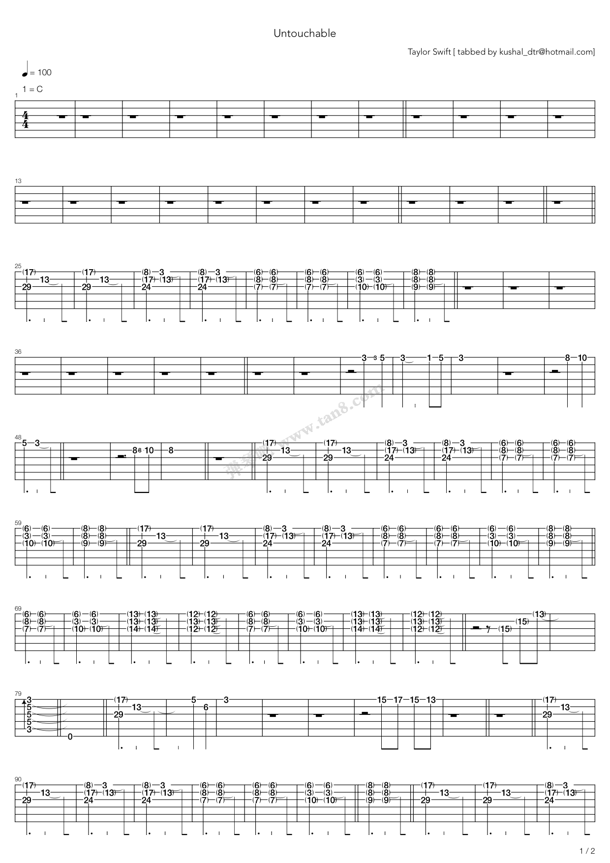 Untouchable吉他谱,原版歌曲,简单C调弹唱教学,六线谱指弹简谱17张图