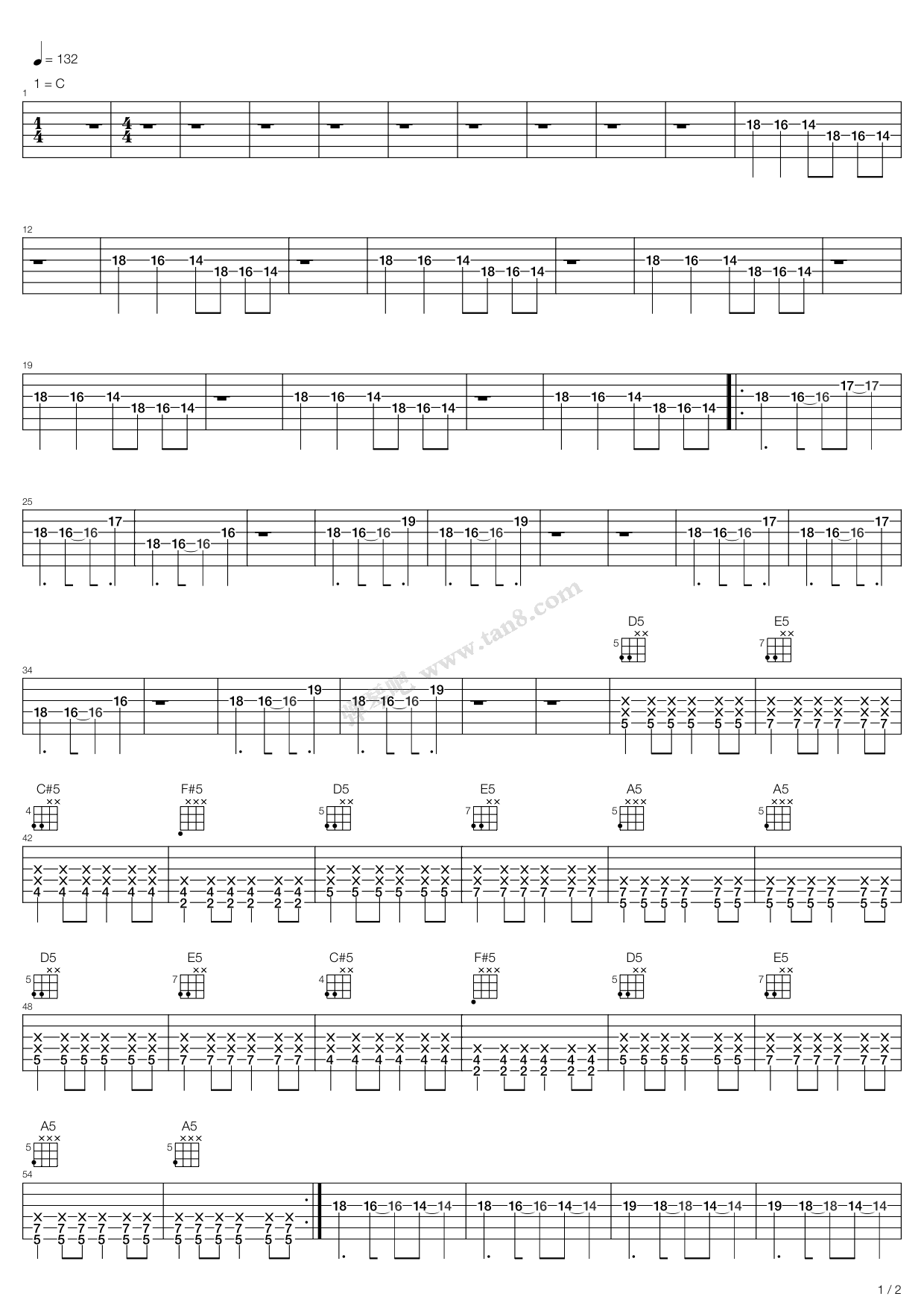 他夏了夏天吉他谱,原版歌曲,简单C调弹唱教学,六线谱指弹简谱12张图