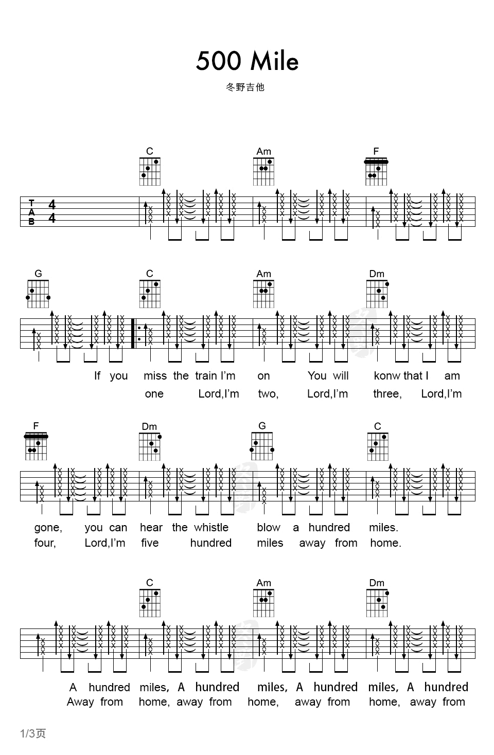 500miles吉他谱,原版佚名歌曲,简单C调指弹曲谱,高清六线乐谱教学