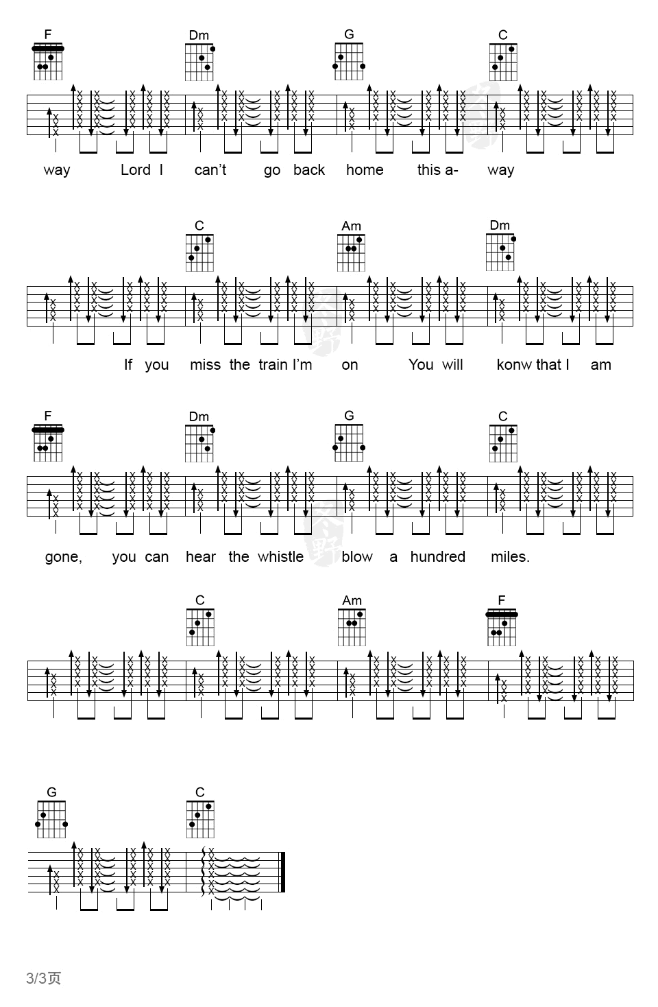500miles吉他谱,原版佚名歌曲,简单C调指弹曲谱,高清六线乐谱教学