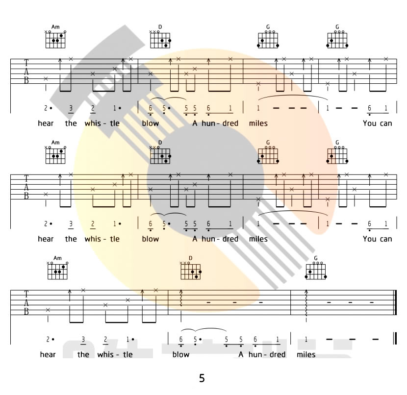 500miles吉他谱,原版佚名歌曲,简单G调指弹曲谱,高清六线乐谱