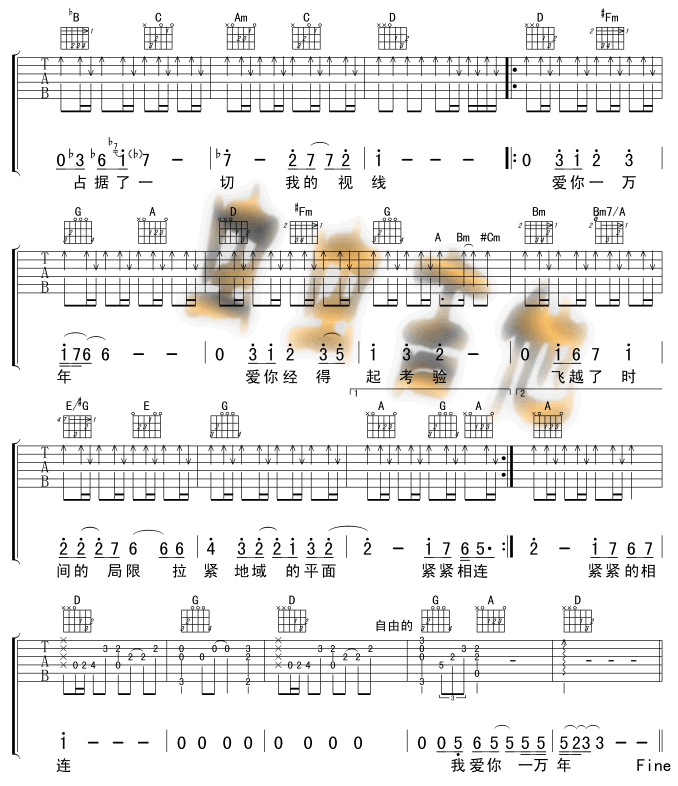 爱你一万年吉他谱,简单C调原版指弹曲谱,刘德华高清流行弹唱六线乐谱