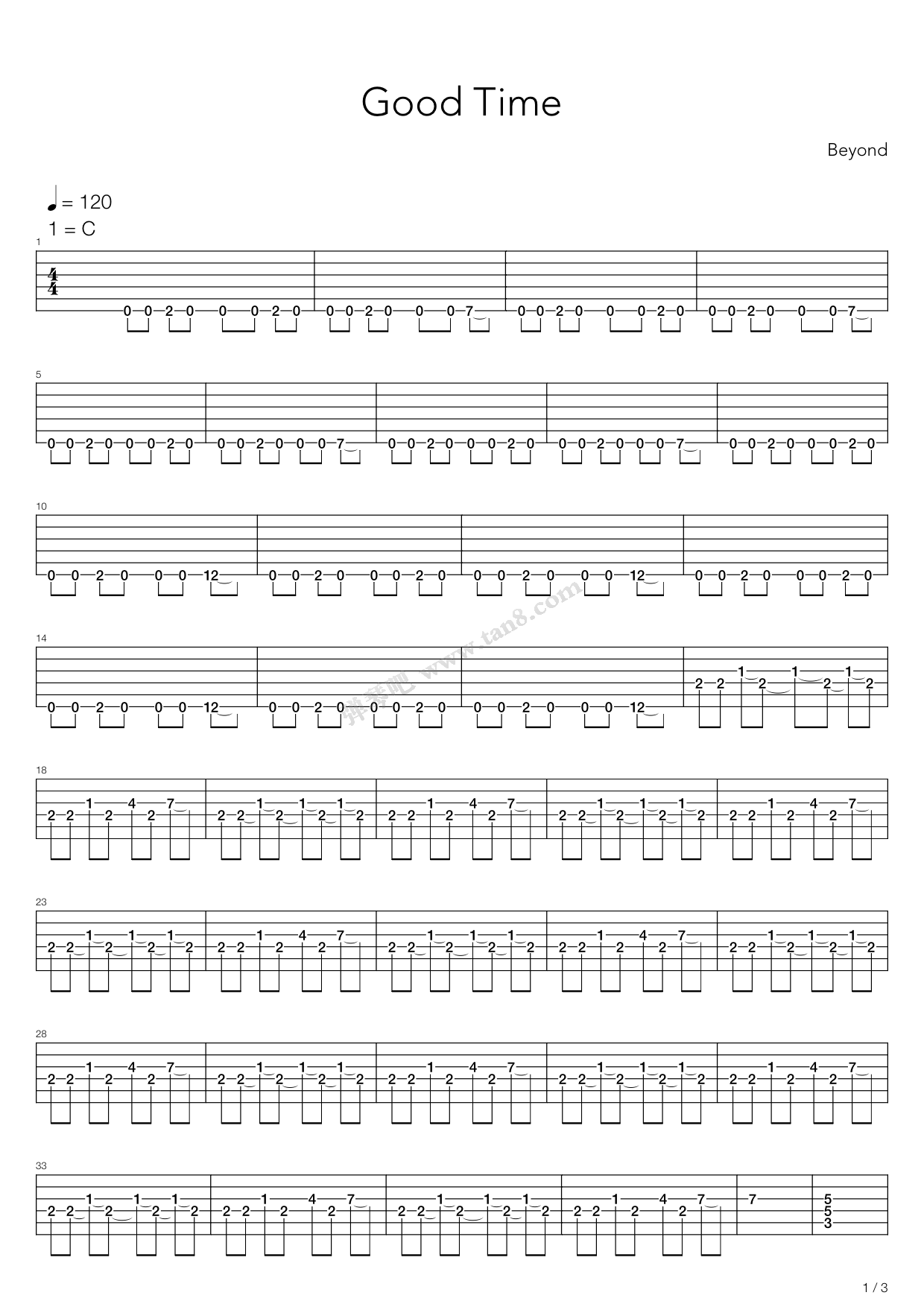 GoodTime吉他谱,原版歌曲,简单C调弹唱教学,六线谱指弹简谱14张图