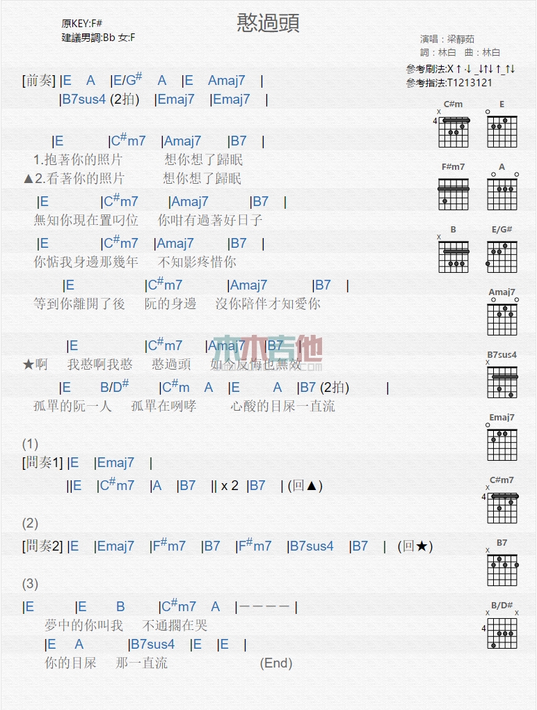 憨过头吉他谱,简单C调原版指弹曲谱,梁静茹高清流行弹唱六线乐谱